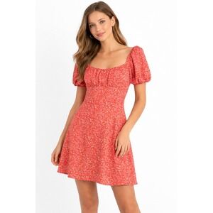 BP Puff Sleeve Smocked Square Neck Mini Dress Floral Print Red Size M